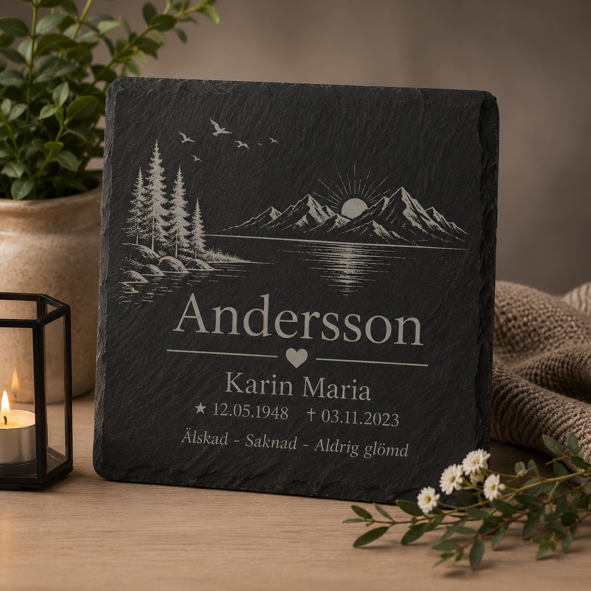 Personlig graverad minnessten i skiffer