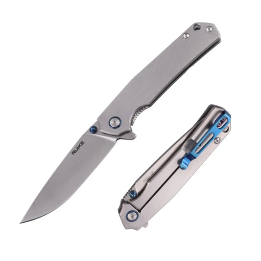 Ruike P801-SF Stonewashed fällkniv med grått handtag och blå detaljer